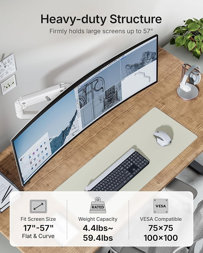 monTEK Heavy-Duty Monitor Arm for 17-57" Ultrawide Curved Screen, Supports up to 59.4 lbs, Adjustable Gas Spring Arm, 75/100 VESA Mount, Clamp & Grommet Desk Monitor Mount Single, White
