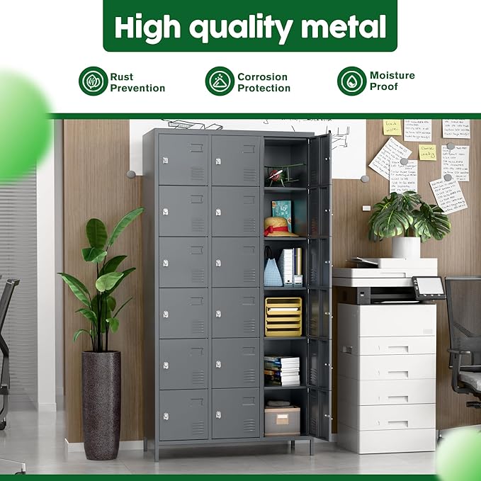 SUPEER Metal Lockers for Employees with 18 Door,Metal Storage Locker with Lock for School Garage Gym Office Home Bedroom,Assembly Required,18 Doors Dark Grey