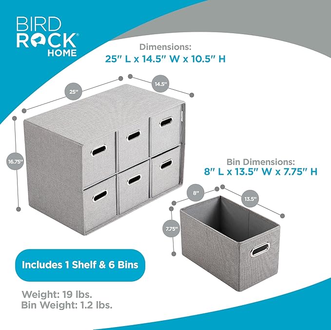 BIRDROCK HOME Linen Cube Organizer Shelf w/ 6 Storage Fabric Bins - Foldable & Durable - Toys, Clothes, Towels - Collapsible Cubby for Kids Room, Dorm, Closet, Bedroom - Large Shelving Cubbies - Grey