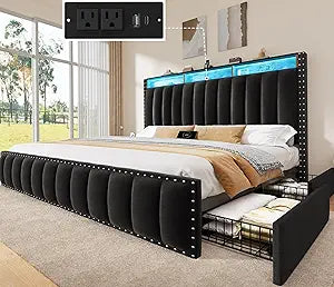 King Size Bed Frame with 4 Storage Drawers, RGB LED Light, Black