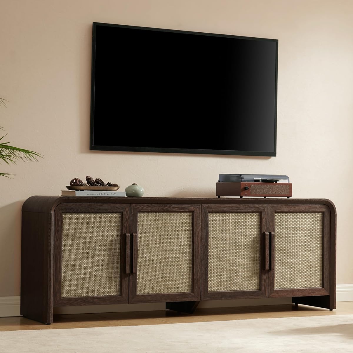 65" Rattan TV Stand with Storage for 75" TV,Dark Walnut