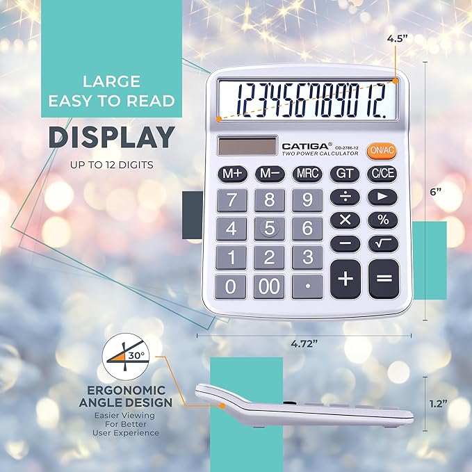CATIGA 12 Digits Desktop Calculator with Large LCD Display, Dual Solar Power and Battery, Standard Function for Office, Home, School, CD-2786