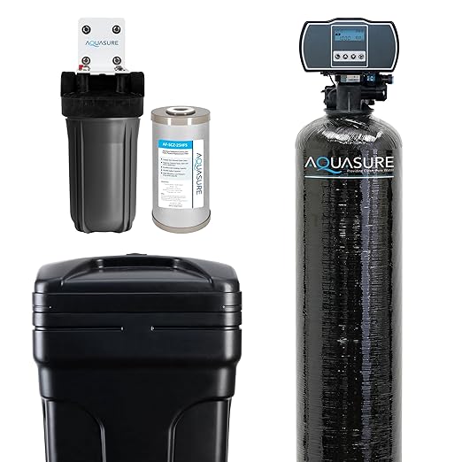 Aquasure Harmony Series 72,000 Grains Whole House Water Softener Bundle with Automatic Digital Control Head and Triple Purpose Sediment/Carbon/Zinc Filter System | Reduces Hardness (for 6+ bathrooms)