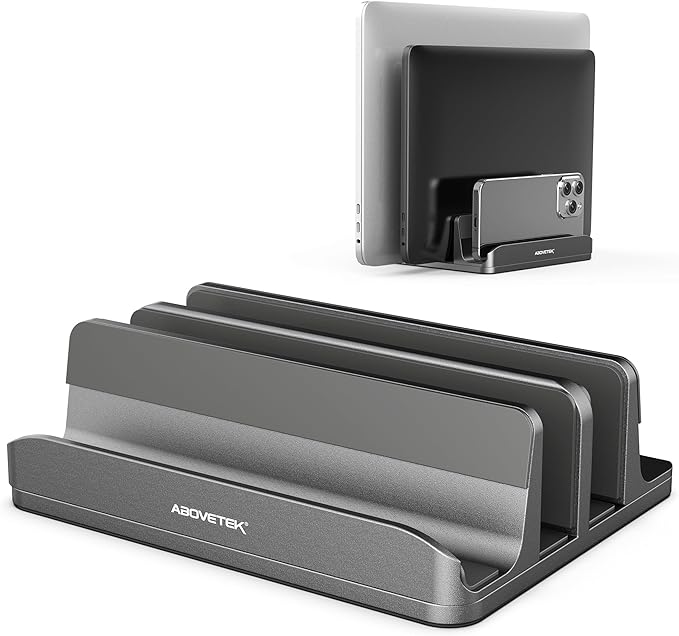 AboveTEK Vertical Laptop Stand, 3 Slots Aluminum Desk Laptop Holder & Laptop Docking Station Stand for MacBook, Tablet, Phone - Universal Fit (Up to 17.3") - Heavy Duty Polished, Anti Slide - Grey
