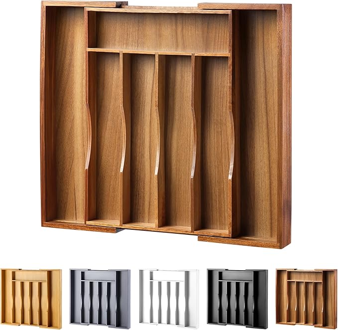 oridom Expandable Acacia Kitchen Drawer Organizer for Cutlery and Utensils, Adjustable Acacia Wood Cutlery Tray in Drawer for Flatware and Silverware in Kitchen
