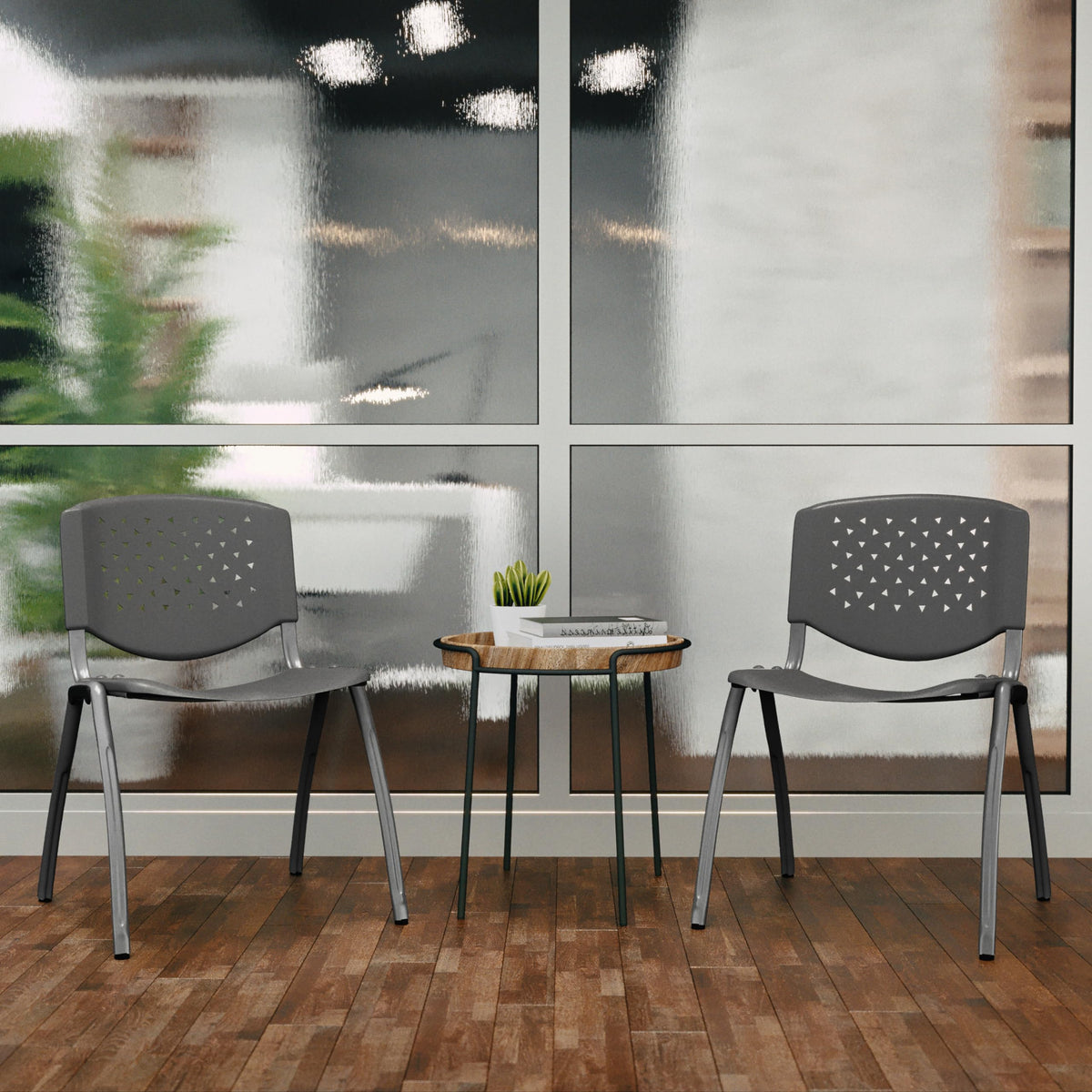 880 lb. Capacity Gray Plastic Stack Chair with Titanium Gray Powder Coated Frame