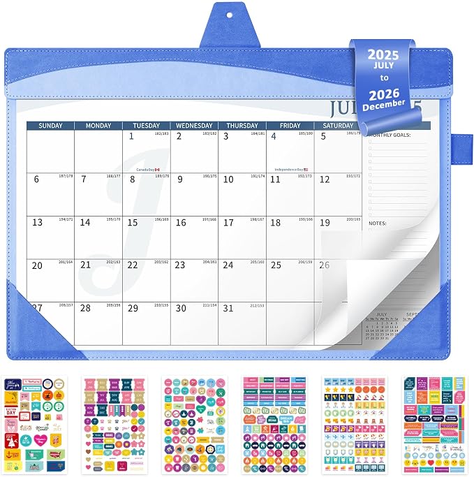 Ospelelf Leather Desk Calendar 2025-2026 Large 12"x17" Monthly Planner Pad with Protective Cover 18 Months July 2025 to Dec 2026 Blue