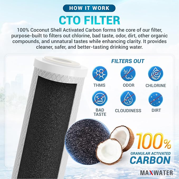 Max Water 5 Micron Replacement Water Filter Set 10” x 2.5” Sediment & Carbon Block (PP + CTO), 12 Pack