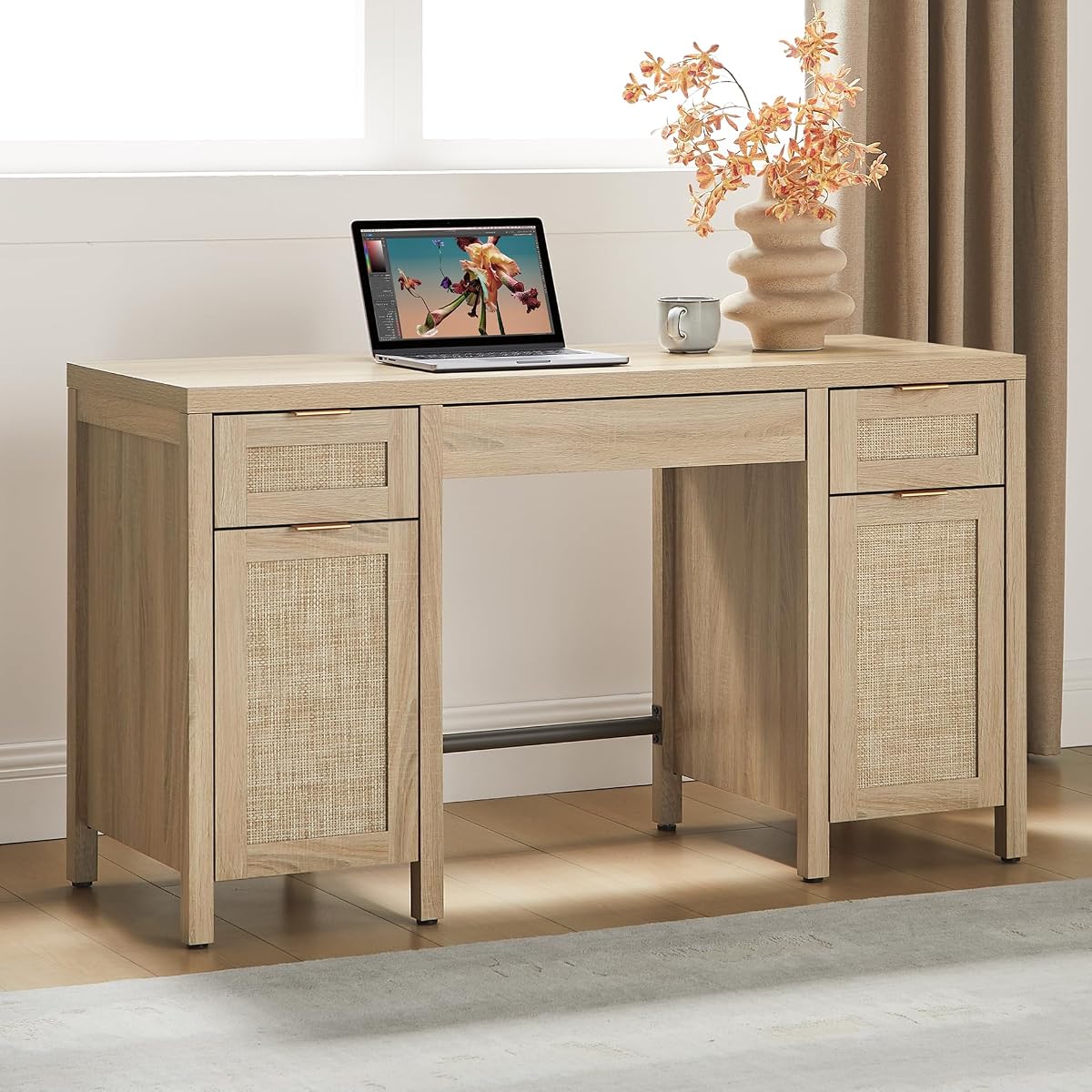 Rattan Home Office Desk with Storage, 52" Boho Executive Desk