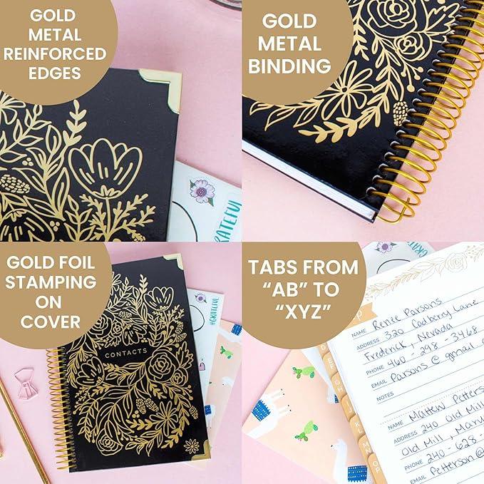 bloom daily planners New Address Book with Alphabetical Tabs - Hardcover Contact Book & Password Book Organizer for Addresses, Phone Numbers & More (6” x 8.25”) - Black & Gold Embroidery
