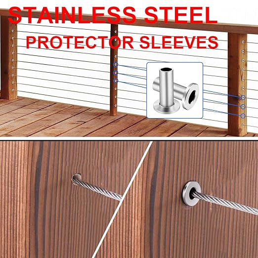 BLIKA 120 Pack Stainless Steel Protector Sleeves for 1/8" 5/32" or 3/16" Deck Cable Railing, for Wood/Composite Posts, T316 Marine Grade