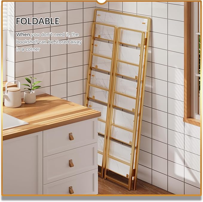 4NM No Assembly 5 Tiers Folding Bookshelf Storage Shelves Vintage Bookcase Standing Racks Study Organizer Home Office (White Gold)