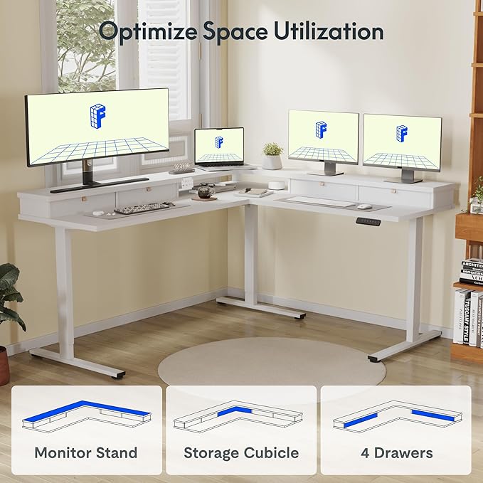 FLEXISPOT 71" Large L Shaped Standing Desk Electric Corner Table with Shelf, 4 Storage Drawers, Adjustable Computer Workstation for Home, Office, Game, Studio, White Top + White Frame