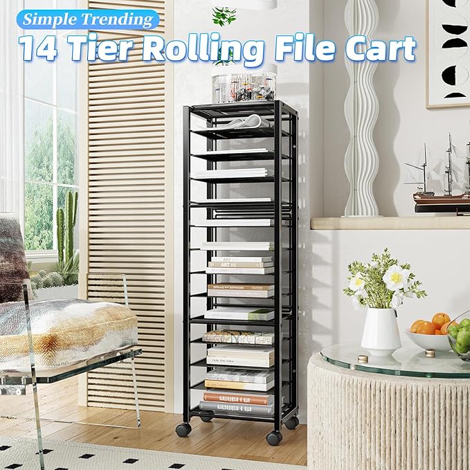 Simple Trending 14 Tier Rolling File Cart, Desk File Organizer with Sliding Trays and Wetal Mesh Paper Letter Storage Multi-Functional Rolling Clutter Cart for Office, Home, School, Black