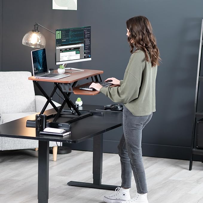 VIVO 32 inch Desk Converter, K Series, Height Adjustable Sit to Stand Riser, Dual Monitor and Laptop Workstation with Wide Keyboard Tray, Dark Walnut Top, Black Frame, DESK-V000KA