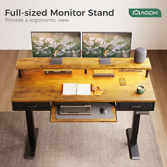 AODK Electric Standing Desk with Drawers & Keyboard Tray, 55 Inch Height Adjustable Gaming Desk with Power Outlets & LED Lights, Sit Stand Table with Monitor Stand for Home, Office, Rustic Brown