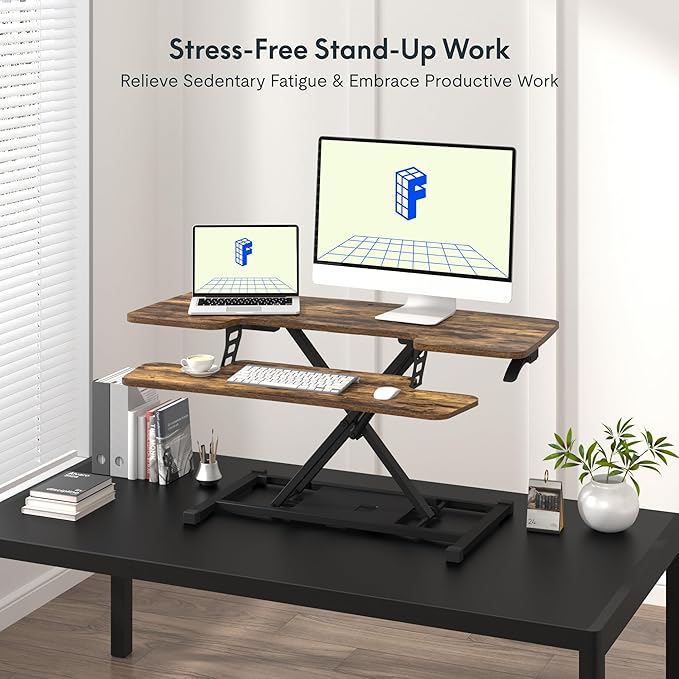 FLXISPOT 40in Standing Desk Converter, Height Adjustable Riser, Manual Lift with Gas Spring Monitor and Laptop Workstation, Rustic Color