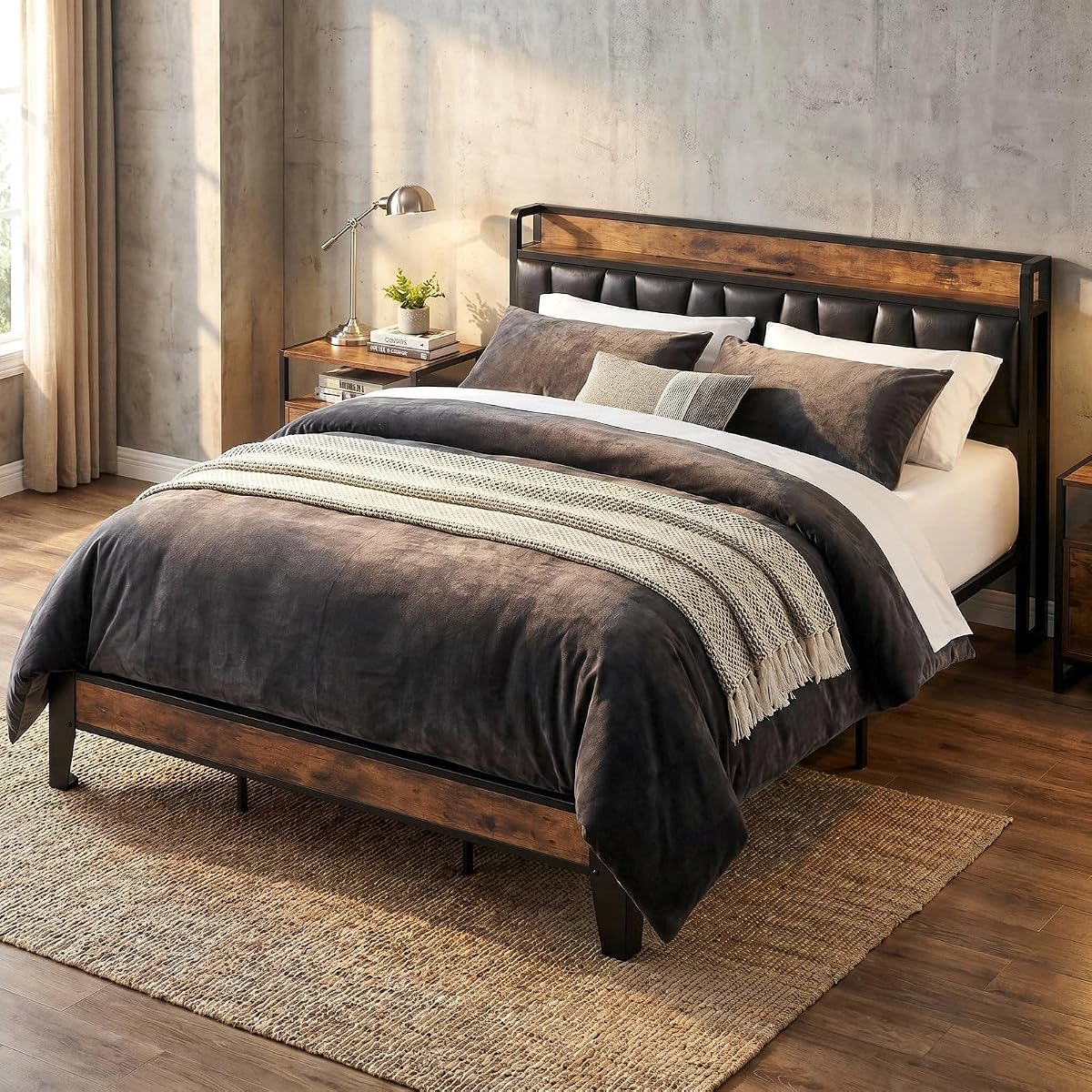 King Size Bed Frame with Storage Headboard and Charging Station