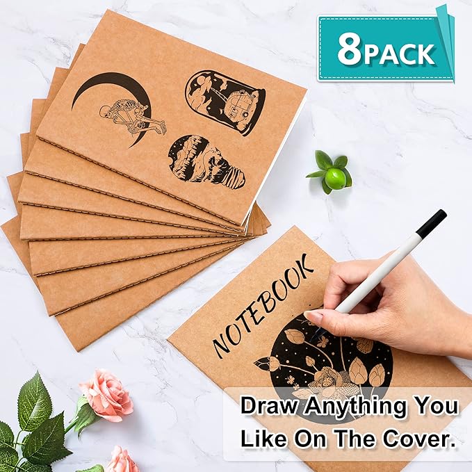 feela 8 Pack A5 Kraft Notebooks, 60 Lined Blank Pages Travel Journal Bulk, Soft Cover Notebooks for Women Girls Students, Making Plans Writing Memos Office School Supplies, 8.3 X 5.5 in
