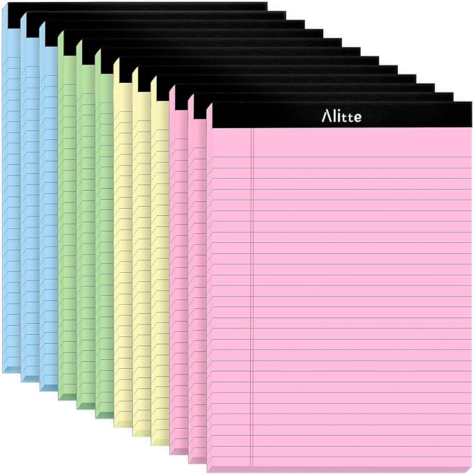 Alitte Colored Legal Pads 8.5 x 11, Pack of 12 - Perforated Wide Ruled Writing Note Pads - Premium Thick Paper, No Ink Bleeding - Lined Legal Pad For Home, Office, School, Business - 50 Sheets