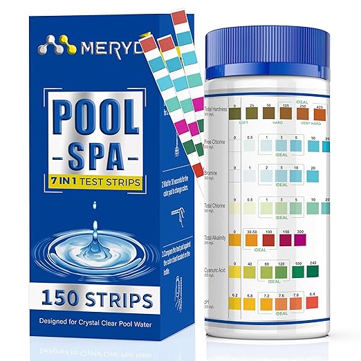 7-Way Pool Test Strips,150 Strips Pool and Hot Tub Test Strips,Accurate Test Bromine,Total Alkalinity,pH,Free Chlorine,Total Hardness,Cyanuric Acid and Total Chlorine Pool Spa Water Test Strips