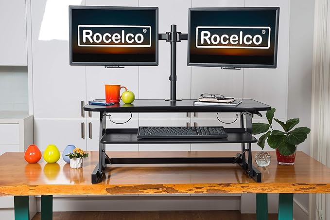 Rocelco 40" Large Height Adjustable Standing Desk Converter with Dual Monitor Mount BUNDLE - Quick Sit Stand Up Computer Workstation Riser - Retractable Keyboard Tray - Black (R DADRB-40-DM2)