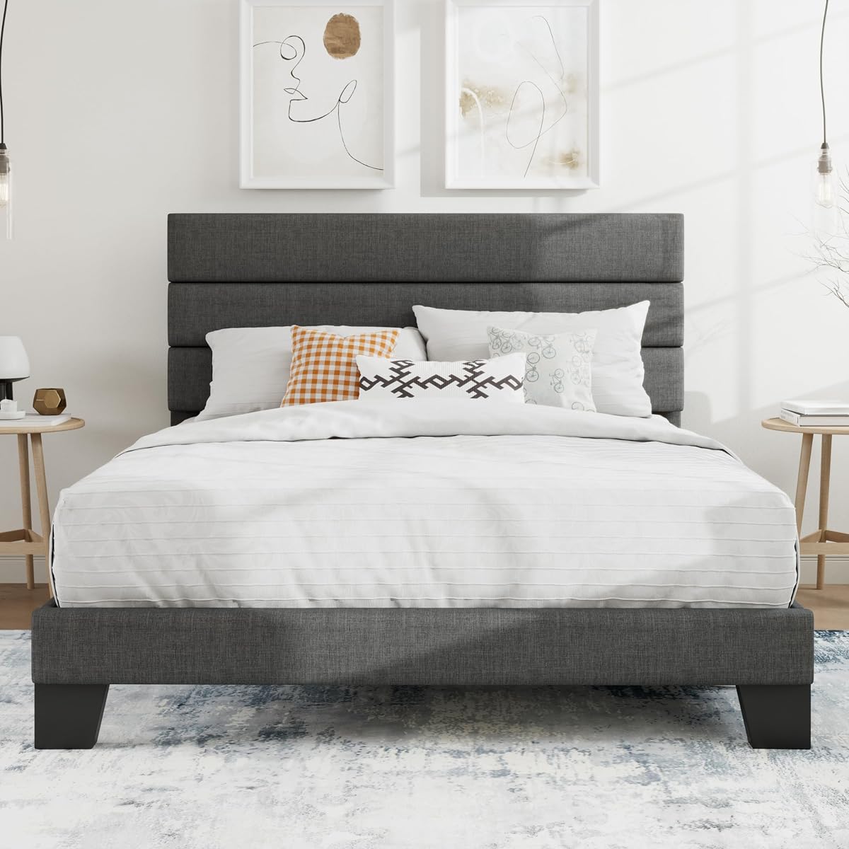 Full Platform Bed Frame with Upholstered Fabric Headboard, Grey