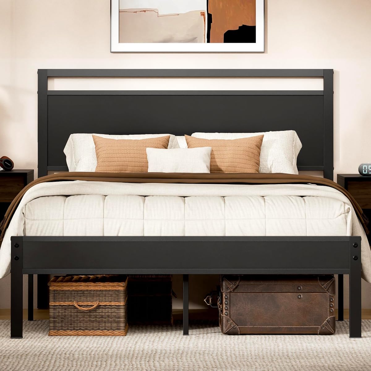 Queen Bed Frame with Wooden Headboard & Footboard,Metal Platform Bed