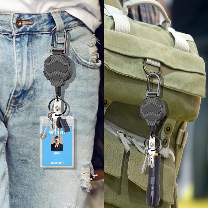 Retractable Keychain Badge Holder with Belt Clip, Heavy Duty Carabiner ID Badge Clip Reel, 32” Steel Retractable Cord, 10 oz Rebound，1pcs Black Keychain