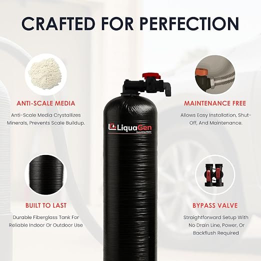 LiquaGen Salt-Free Water Conditioner with Carbon/KDF Pre-Filter | Whole House Anti-Scale System | Reduces Mineral Build-Up | Eco-Friendly, Low Maintenance Water Softener Alternative (15 GPM)