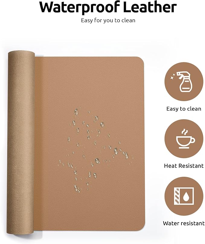 YSAGi Leather Desk Protector, Office Mat, Large Mouse Pad, Non-Slip PU Leather Blotter, Laptop Desk, Waterproof Writing Pad for Office and Home (Khaki, 35.4" x 17")