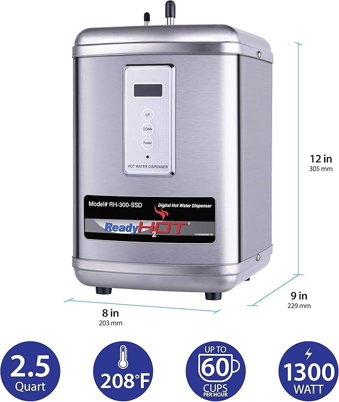 Ready Hot 41-RH-300-F570-CH Instant Hot Water Dispenser System, 2.5 Quarts, Digital Display Single Lever Hot Water Faucet Polished Chrome