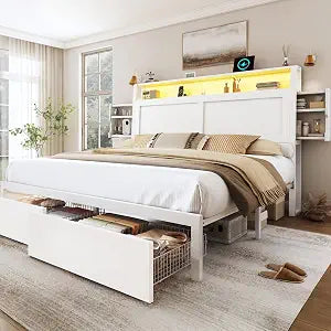 King Size Wooden Bed Frame with Storage Drawer and LED Headboard