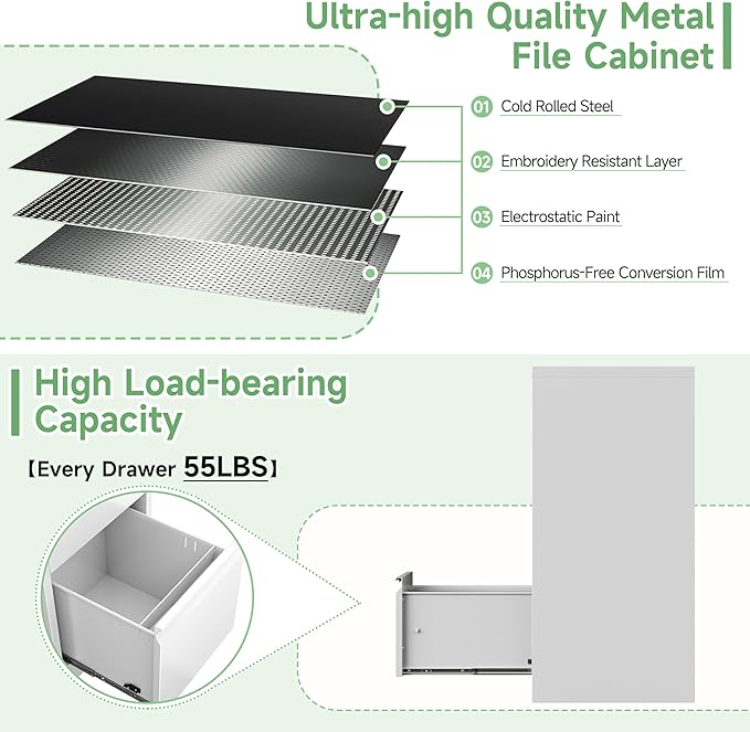 3-Drawer File Cabinet with Lock,Metal Vertical Filing Cabinets for Home Office,Under Desk File Cabinets for Letter/Legal/A4 Size Files,Assembly Required