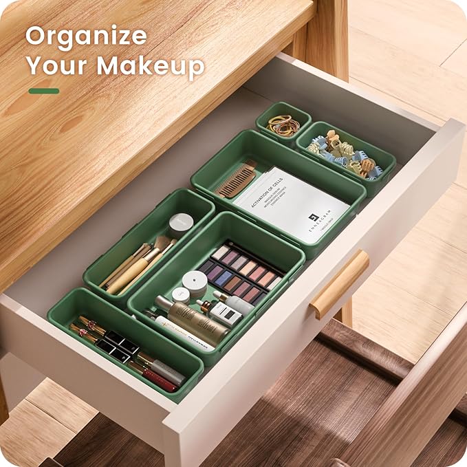 A-LuGei 【𝟮𝟴𝗣𝗖𝗦】 【𝟱𝗦𝗶𝘇𝗲】 ArmyGreen Drawer Organizer, Makeup organizer, 【Holds 177 Items】 Bathroom Organizers and Storage, Plastic Desk Organizer Divider, Organizer Bins for Office Vanity