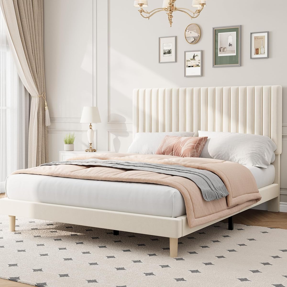 Full Bed Frame with Adjustable Headboard, Velvet Upholstered Platform Bed