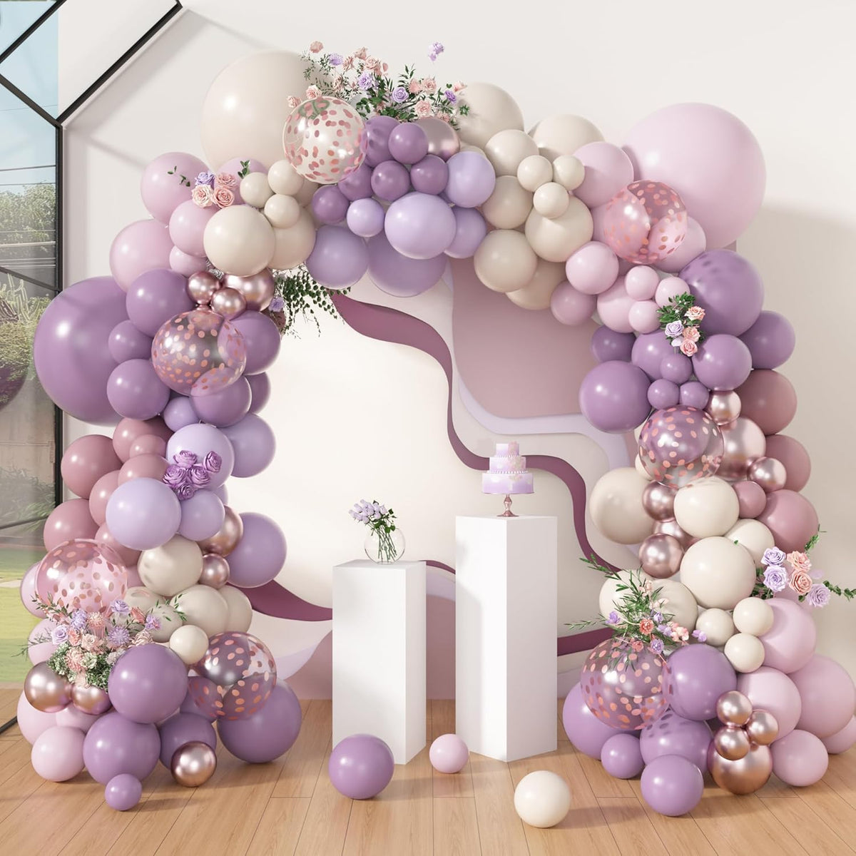 Amandir 173Pcs Dusty Purple Balloon Arch Garland Kit, Double-stuffed Pink White Sand Lavender Lilac Light Purple Rose Gold Confetti Balloons for Baby Bridal Shower Wedding Birthday Party Decorations