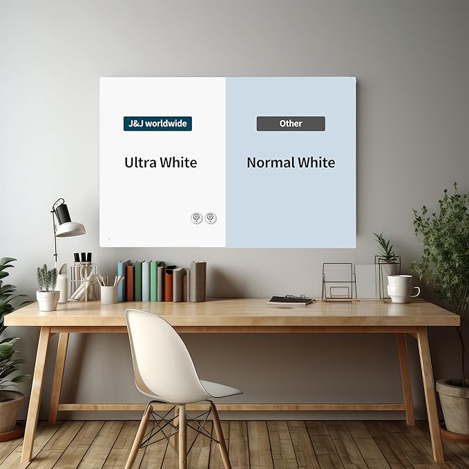 J&J worldwide Magnetic Glass Whiteboard 4' x 3' Ultra White, Large Frameless White Boards for Walls 47 x 35 Inches, Large Dry Erase Board for Office, Home, School