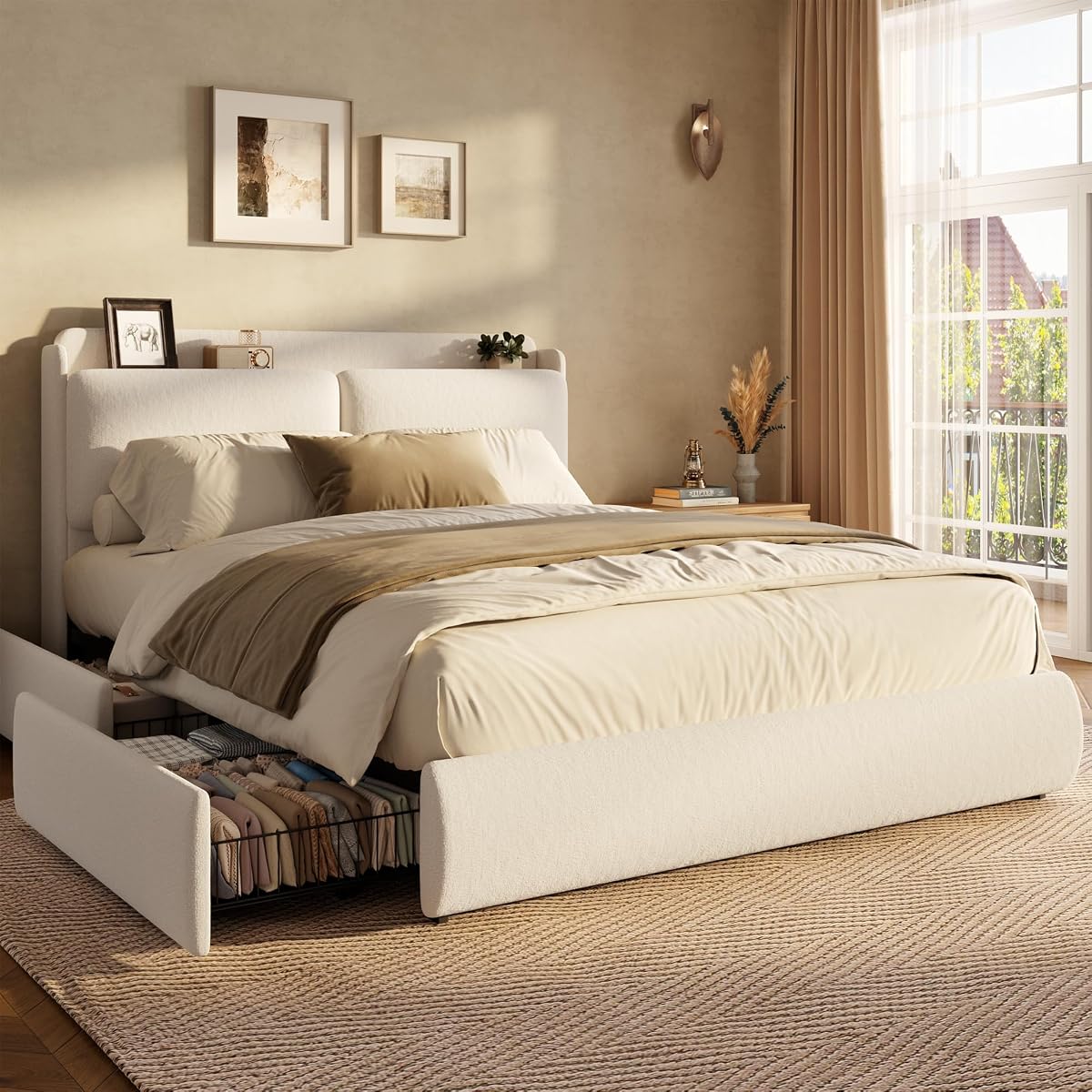 Chenille Fabric Queen Size Bed Frame with 2 Storage Drawers - Beige