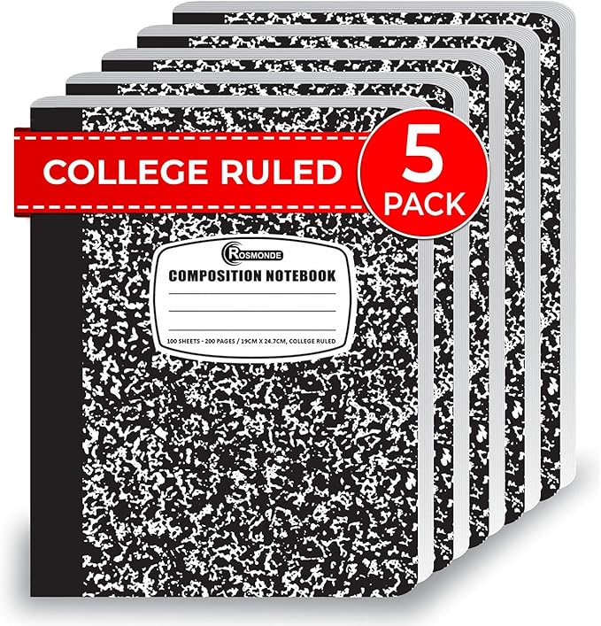 Rosmonde College Ruled Composition Notebooks 5 Pack, 200 Pages (100 Sheets), 9-3/4" x 7-1/2", White & Black Marble Composition Book, Hard Cover, Sturdy Sewn Binding, School, College & Office Supplies