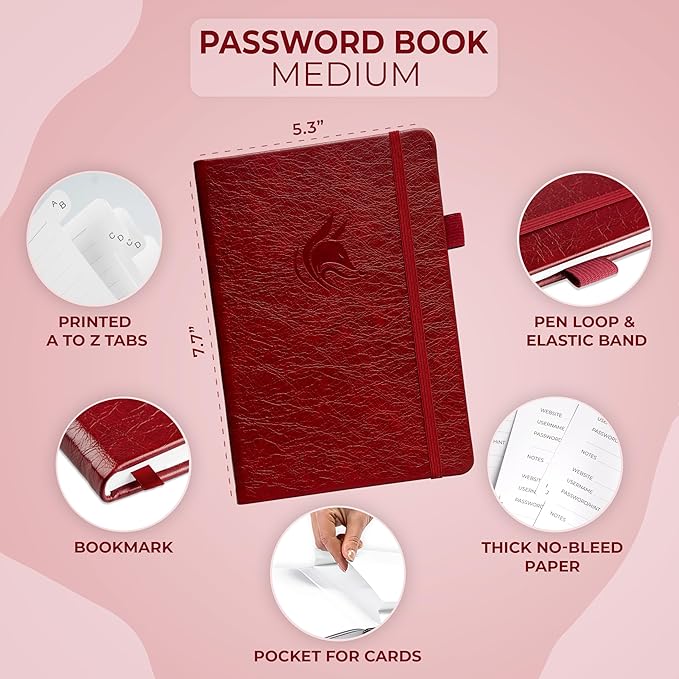 Clever Fox Password Book with alphabetical tabs. Internet Address Organizer Logbook. Medium Password Keeper for Website Logins (Wine Red)