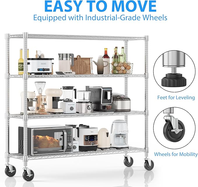 Homdox 4 Tier Heavy Duty Metal Wire Shelving with Wheels, 2400 lbs Capacity Garage Storage Rack, Rolling Industrial Storage, Adjustable Commercial Shelves for Kitchen, Warehouse, 18"x60"x72", Chrome