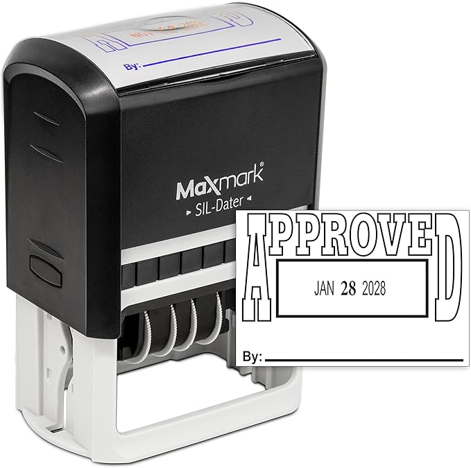 MaxMark Large Self-Inking Rubber Date Office Stamp with Approved Phrase & Date - Black Ink, 12-Year Band - Style 5
