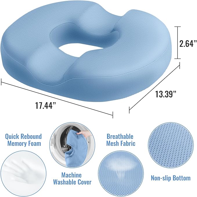 CloudBliss Donut Pillow Seat Cushion Chair Pad for Tailbone Pain Relief and Hemorrhoids, Memory Foam Seat Chair Cushion for Men and Women for Home & Office, (Light Blue)