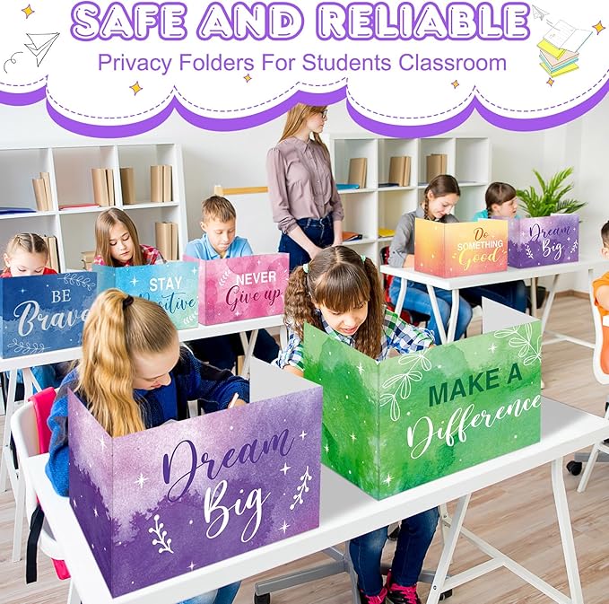 Honoson 24 Pcs Bulk Inspirational Privacy Folders for Students Cardboard Test Privacy Boards Motivational Words Desk Dividers Shield for Classroom School Study Supplies, 6 Styles(Watercolor)