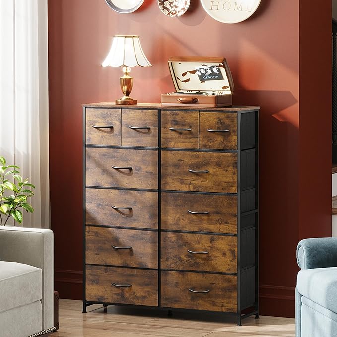 WLIVE Tall Dresser for Bedroom with 12 Drawers, Dressers & Chests of Drawers, Fabric Dressers for Closet, Storage Dresser Organizer with Steel Frame, Wood Top, Rustic Brown Wood Grain Print