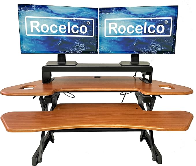 Rocelco 46" Height Adjustable Corner Standing Desk Converter with Dual Monitor Stand Bundle - Sit Stand Up Computer Workstation Riser - Extra Large Keyboard Tray - Teak Wood Grain (R CADRT-46-DMS)
