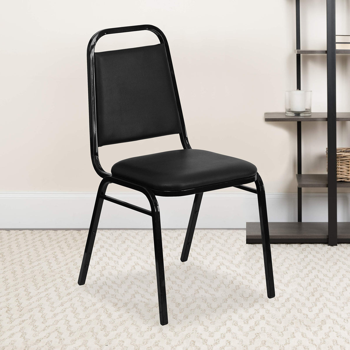 Trapezoidal Back Vinyl Stackable Banquet Chair, Multipurpose Stacking Chair with Padded Seat and Back, Black