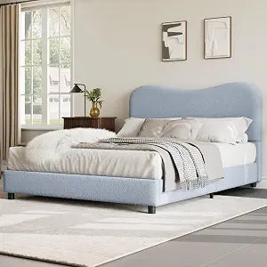 Queen Bed Frame with Boucle Fabric, Blue