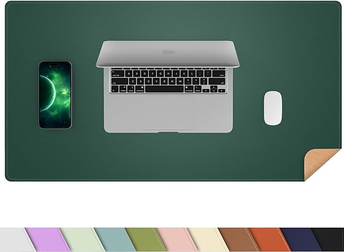 AFIING Dual-Sided Desk Pad, Natural Cork & PU Leather, Desk Mat Protector Non-Slip, Waterproof, Easy Clean,Large Mouse mats for Office and Home Work(Dark Green, 31.5"x17")